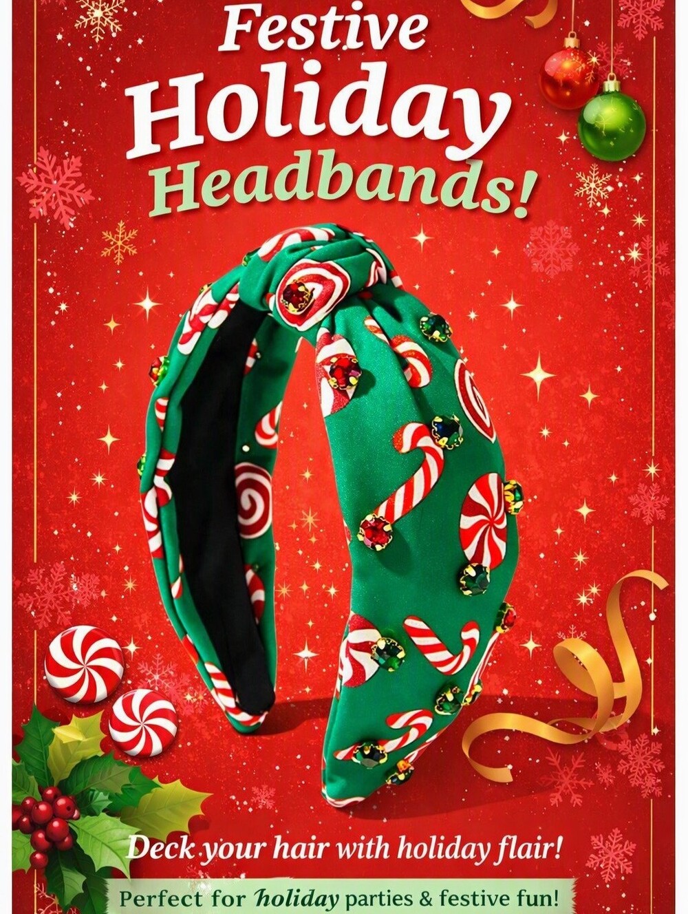 Festive Embellished Green Peppermint Candy Cane Printed Headband